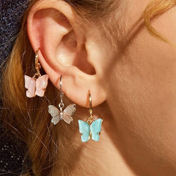 

3pairs Butterfly Drop Earrings, Multicolor