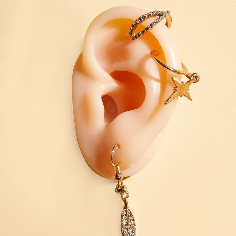 

3pcs Star & Leaf Decor Earrings, Gold