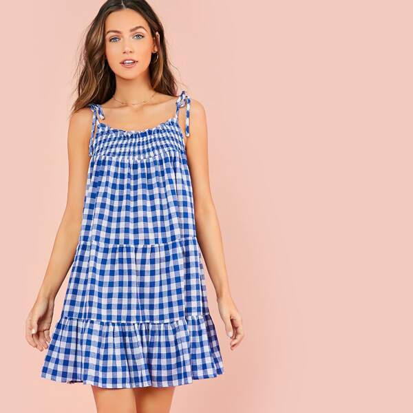 

Knot Strap Shirred Panel Gingham Smock Dress, Blue