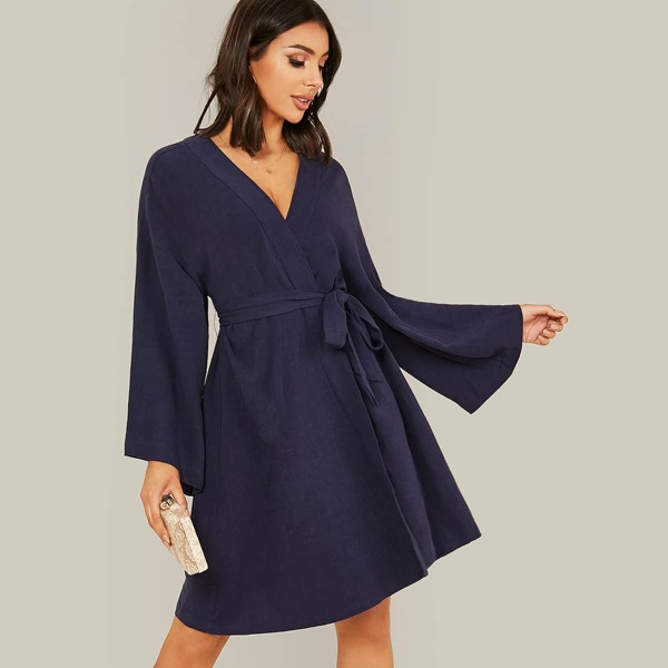 

Bell Sleeve Self Belted Kimono, Navy