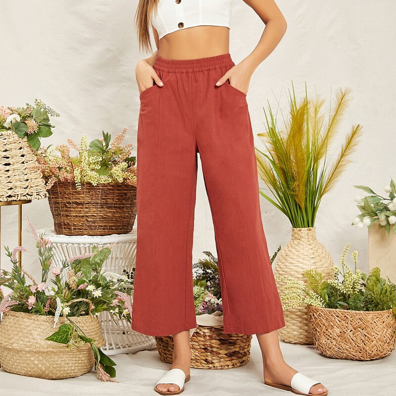 

Elastic Waist Seam Front Palazzo Pants, Red