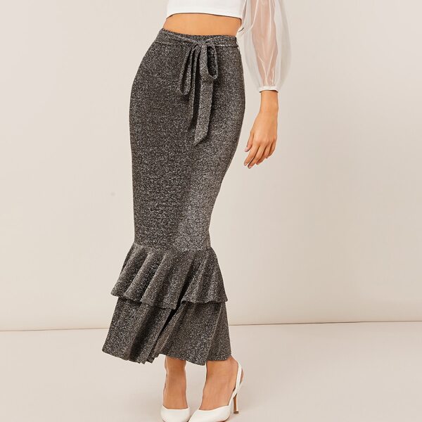 

Self Belted Layered Hem Glitter Skirt, Grey