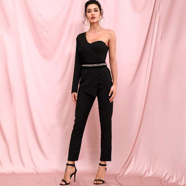 

One Shoulder Tailored Jumpsuit Without Belt, Black
