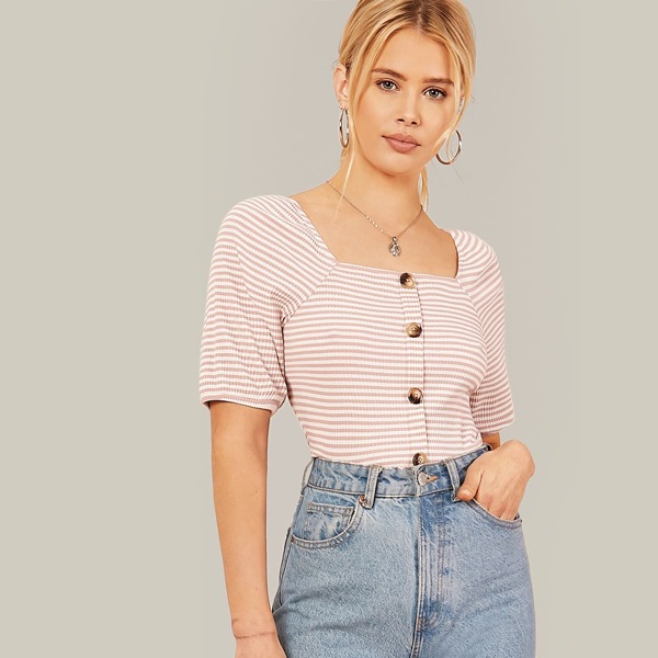 

Square Neck Buttoned Front Rib-knit Striped Top, Pink