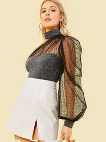 SHEIN One Shoulder Dot Mesh Balloon Sleeve Glitter Top - Grey - View 3