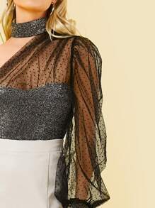 SHEIN One Shoulder Dot Mesh Balloon Sleeve Glitter Top - Grey - View 4