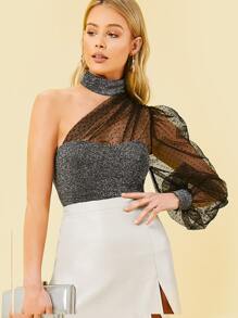 SHEIN One Shoulder Dot Mesh Balloon Sleeve Glitter Top - Grey - View 1