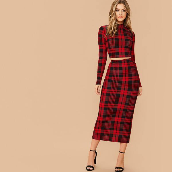 

Mock-neck Plaid Top and Split Hem Skirt Set, Red