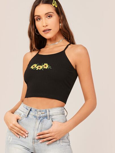 Sunflower Embroidery Crop Cami Top