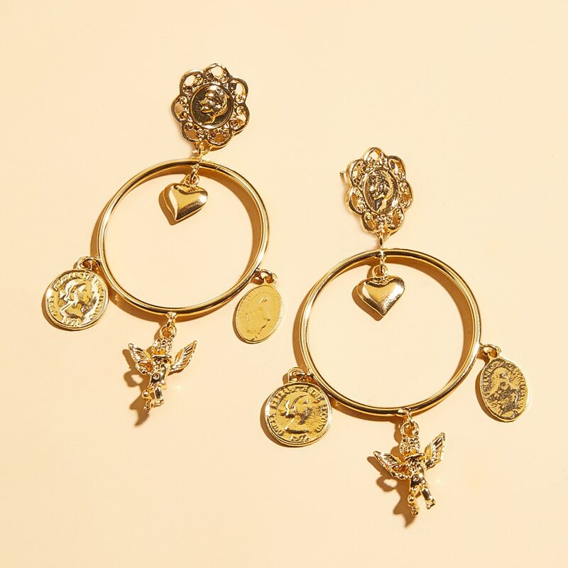 

1pair Angel & Coin Charm Hoop Drop Earrings, Gold