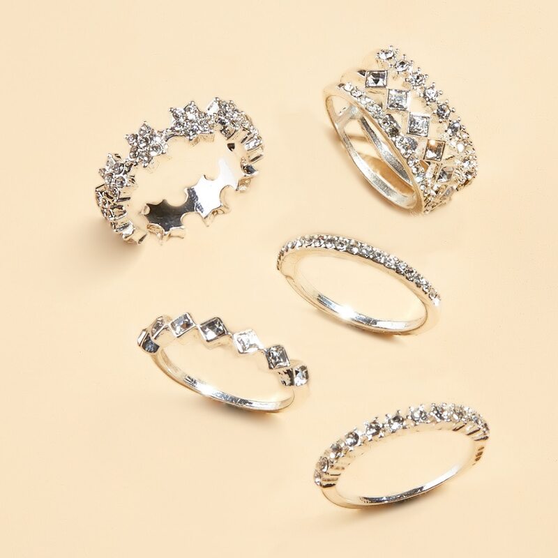 

5pcs Rhinestone Decor Ring, Silver