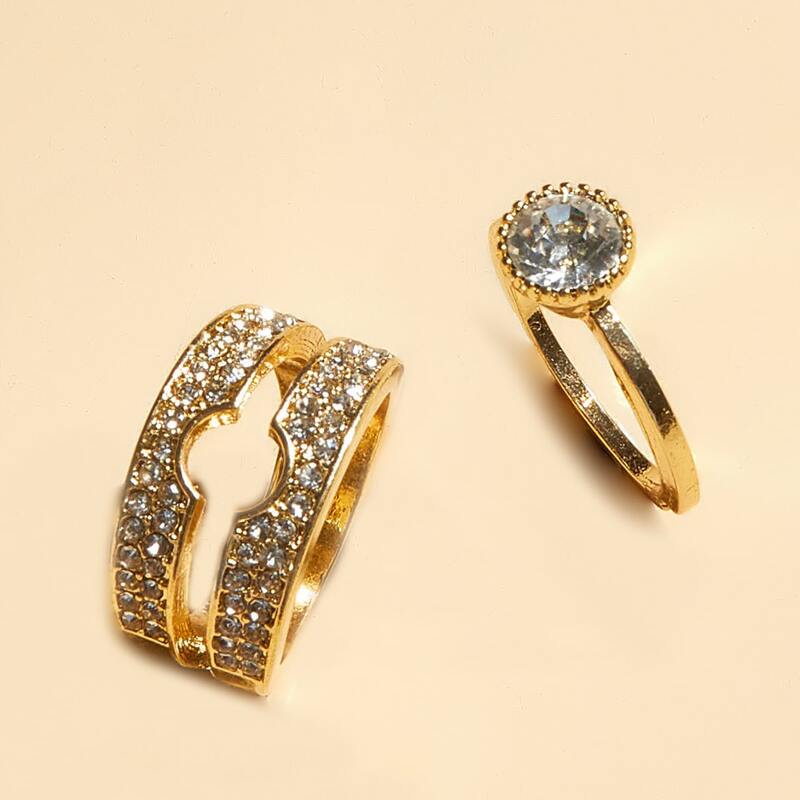 

2pcs Rhinestone Engraved Ring, Gold