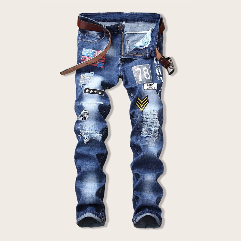 

Guys Flag & Letter Ripped Jeans, Blue