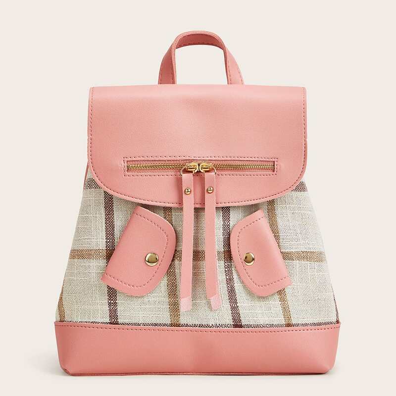 

Plaid Flap Backpack, Pink
