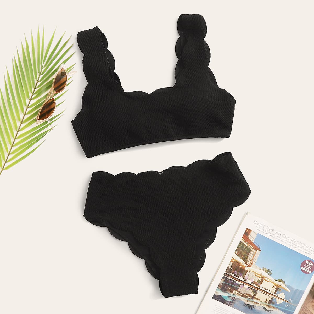

Scallop Trim High Waisted Bikini Swimsuit, Black