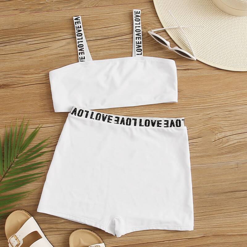 Letter Graphic Tape Top Bikini Swimsuit, White