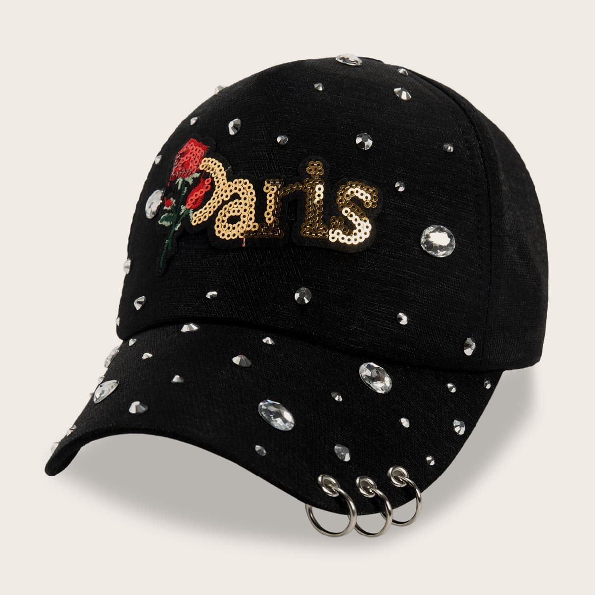 

Rhinestone Engraved Floral Embroidery & Hoop Decor Baseball Cap, Black