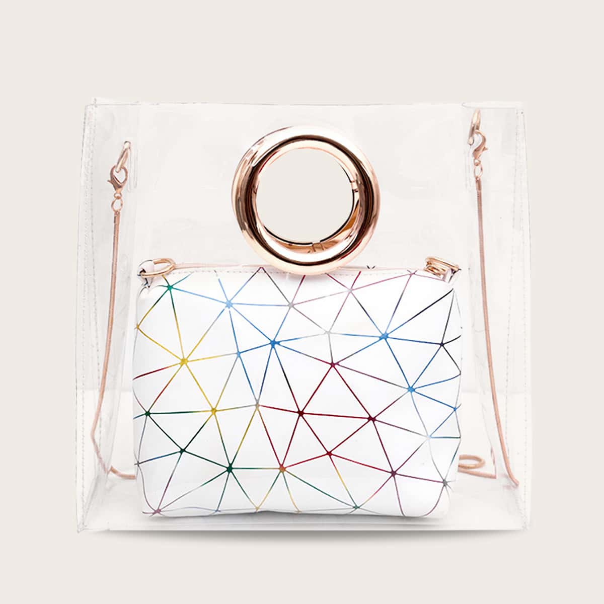 

2pcs Ring Handle Clear Satchel Bag With Clutch Bag, White