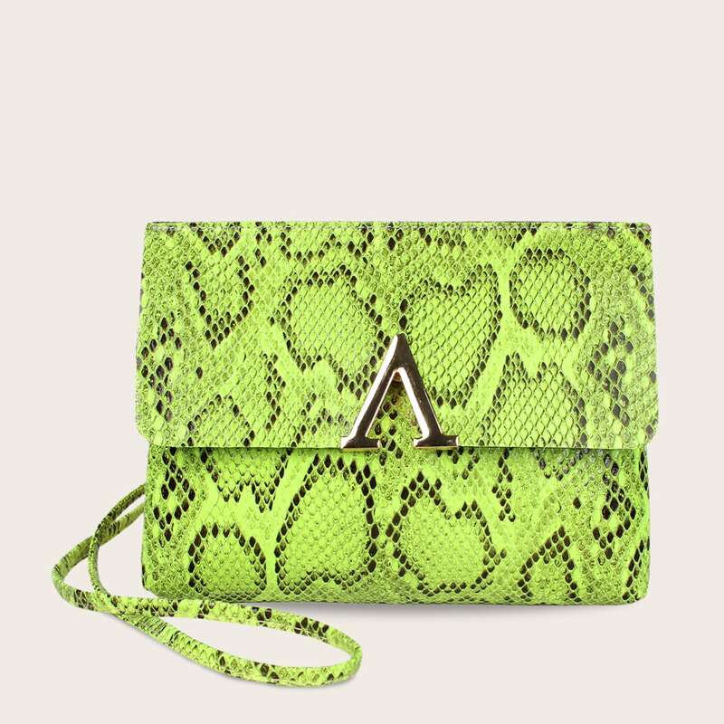 

Metal Decor Neon Snakeskin Flap Crossbody Bag, Green bright