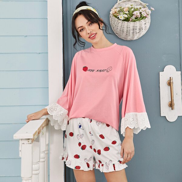 

Slogan and Strawberry Print Schiffy Cuff Top & Shorts PJ Set, Multicolor