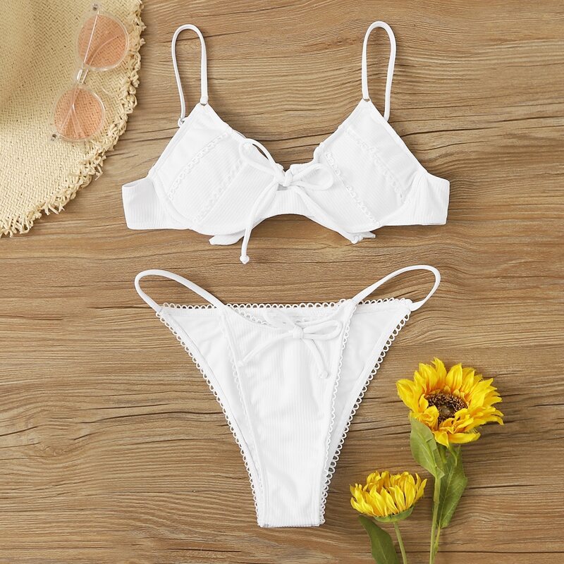 Rib Tie Front Underwire Thong Bikini Swimsuit, White