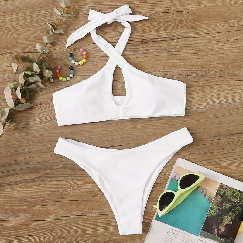 

Wrap Halter Top With High Cut Bikini Set, White