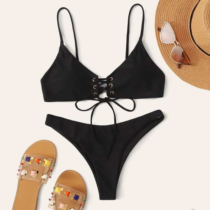 

Lace Up Front Bikini Swimsuit, Black