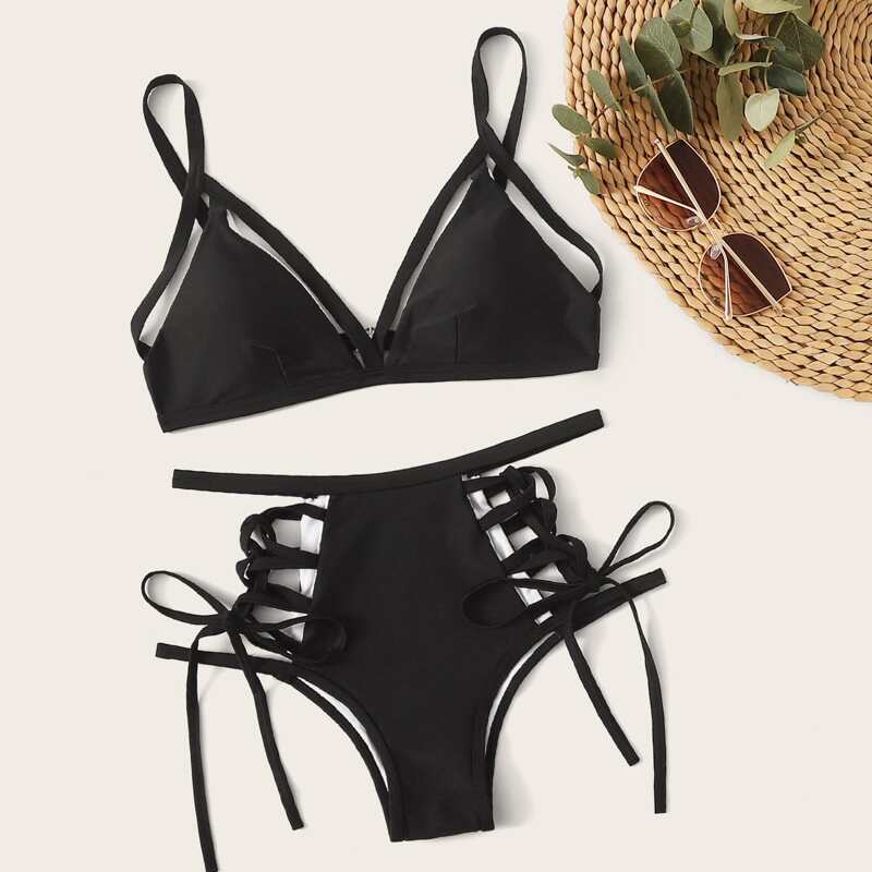 

Lace Up Strappy Triangle Bikini Swimsuit, Black