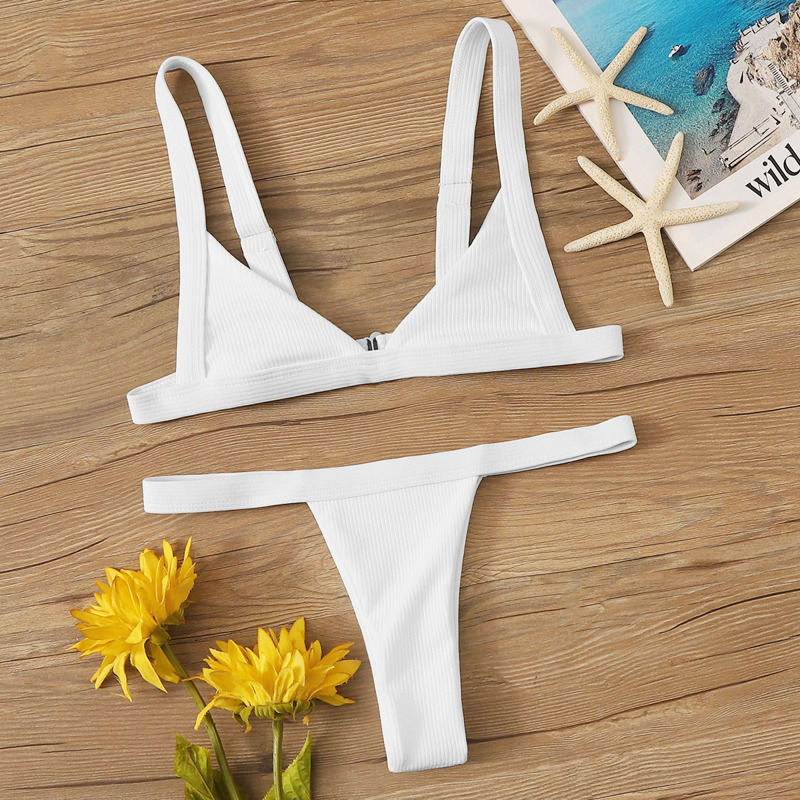 

Rib-Knit Triangle Thong Bikini Swimsuit, White