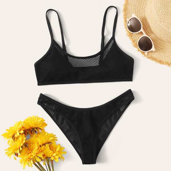 

Contrast Fishnet Bikini Swimsuit, Black