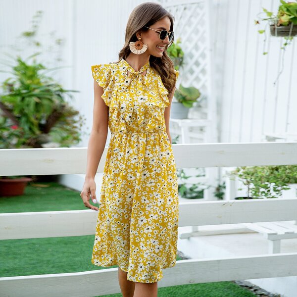 

Floral Print Tie Neck Dress, Yellow