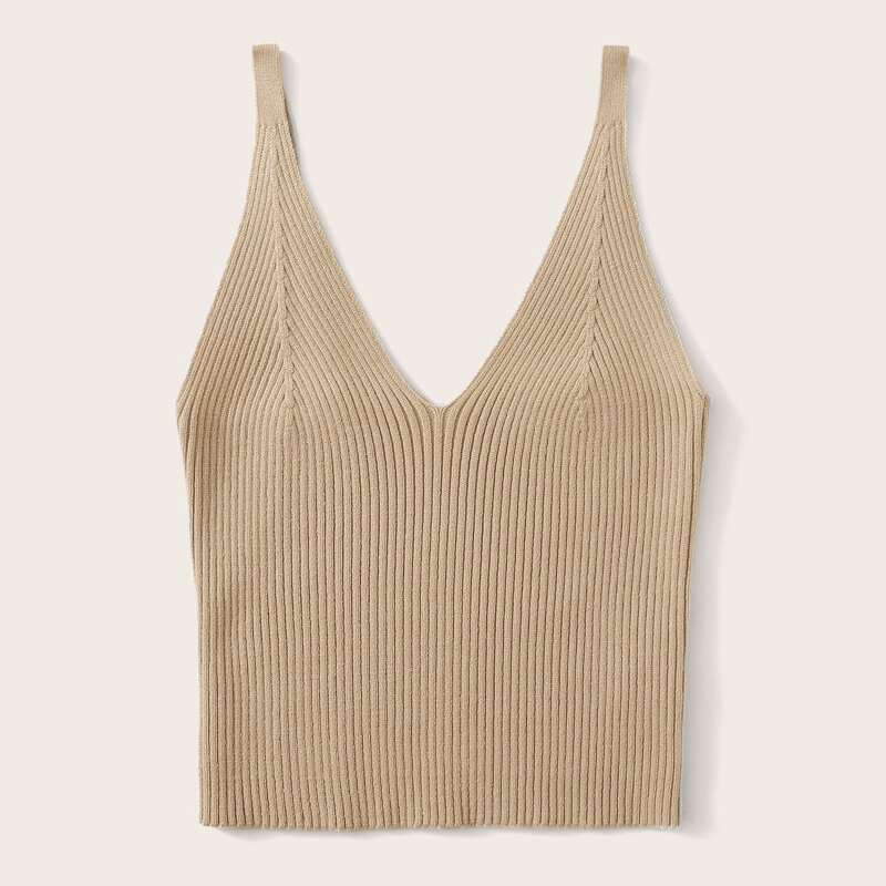 

Ribbed V-Neck Crop Top, Khaki