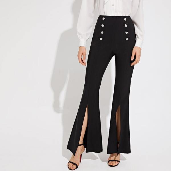 

Rhinestone Buttoned Front Split Hem Flare Leg Pants, Black