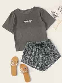 Leopard & Letter Graphic Knot Detail PJ Set - Multicolor - View 1