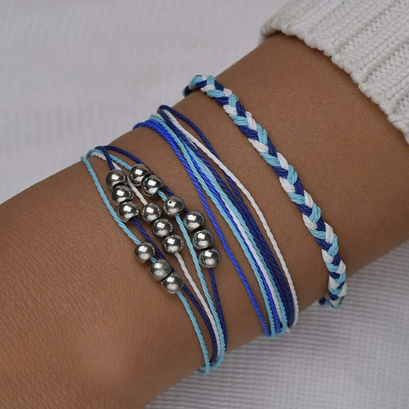 

3pcs Metallic Bead Decor Braided String Bracelet, Multicolor