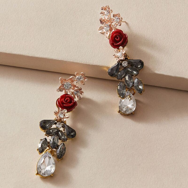 

1pair Rhinestone Engraved Flower Drop Earrings, Multicolor