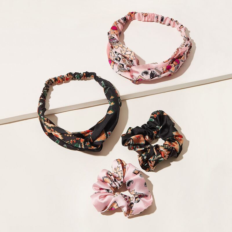 

4pcs Geometric Pattern Scrunchie & Headband, Multicolor