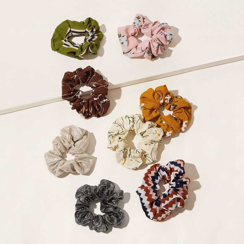 

8pcs Jagged & Floral Pattern Scrunchie, Multicolor