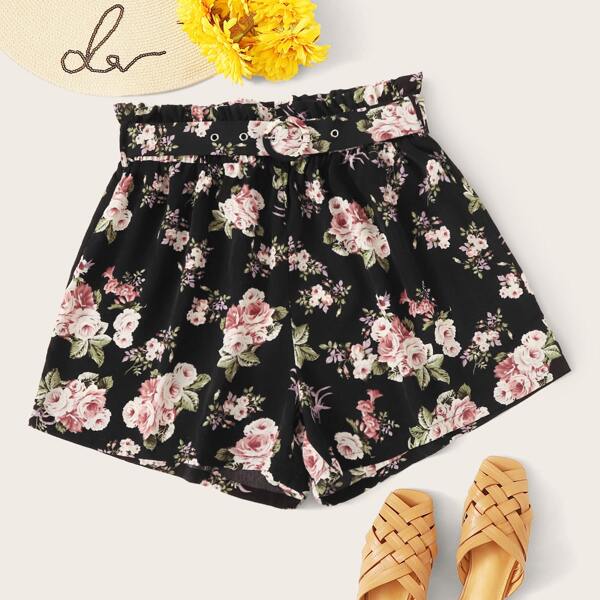 

Plus Paperbag Waist Belted Floral Print Shorts, Multicolor