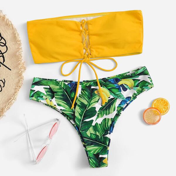 

Tropical Print Lace Up Bandeau Bikini Swimsuit, Multicolor