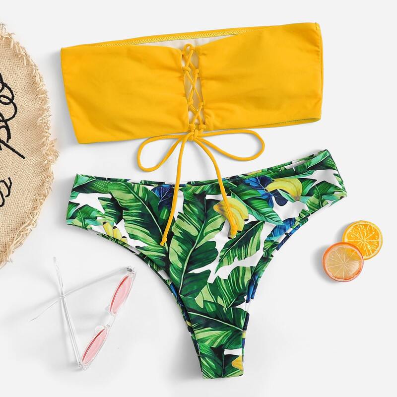 

Tropical Print Lace Up Bandeau Bikini Swimsuit, Multicolor