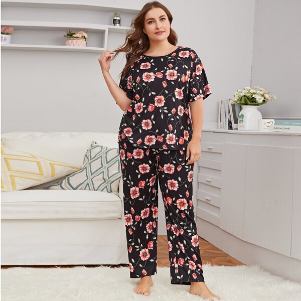 

Plus Floral Print PJ Set, Black