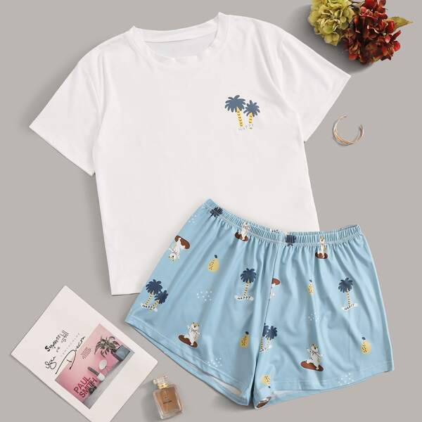

Plus Tropical And Cartoon Graphic PJ Set, Multicolor