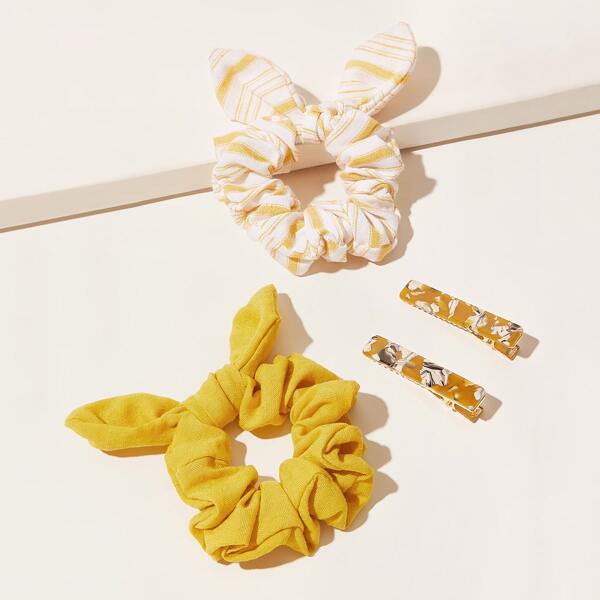 

4pcs Bow Decor Scrunchie & Hair Clip, Yellow