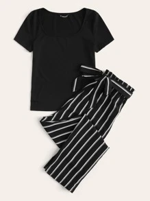 SHEIN Conjunto camiseta tejida de canalé pantalones de rayas de cintura con volante - Blanco y Negro - Ver 3