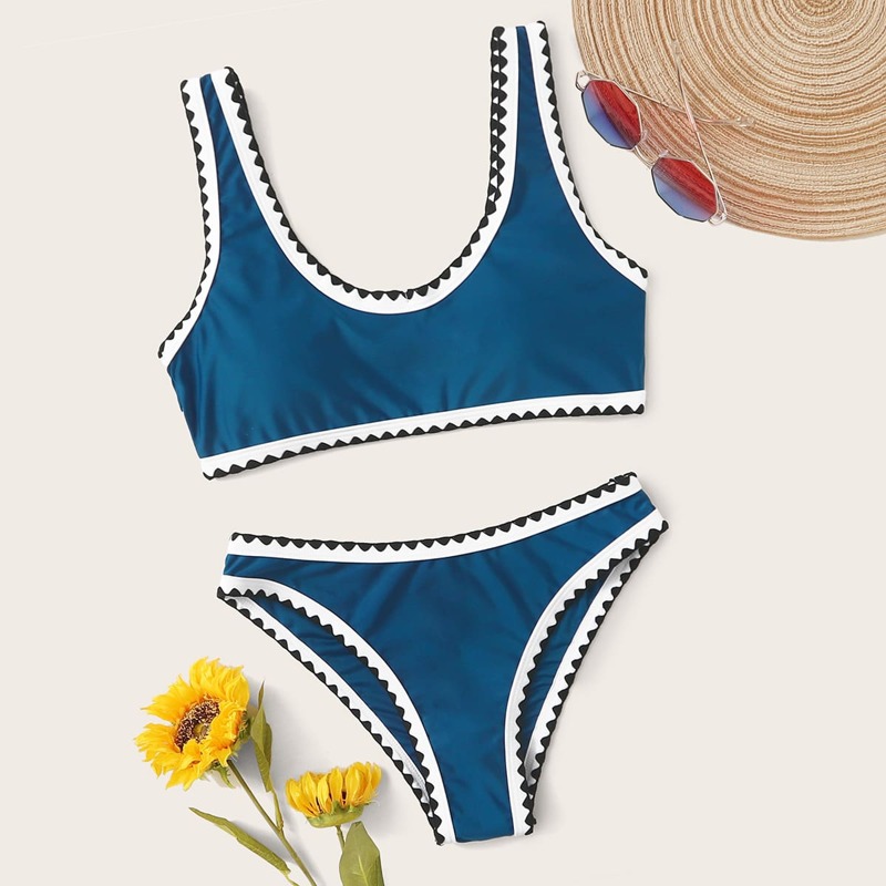 

Whipstitch Contrast Binding Bikini Swimsuit, Blue