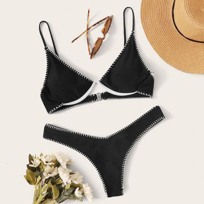 

Whip Stitch Underwire High Cut Bikini Swimsuit, Black