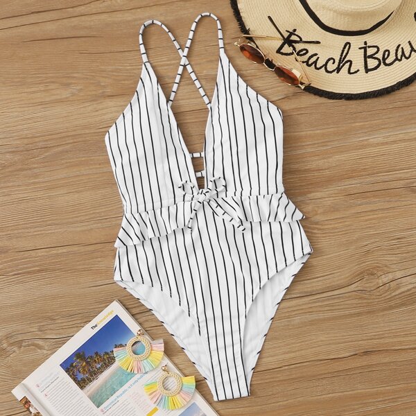 

Striped Plunging Tie Back One Piece Swimsuit, White