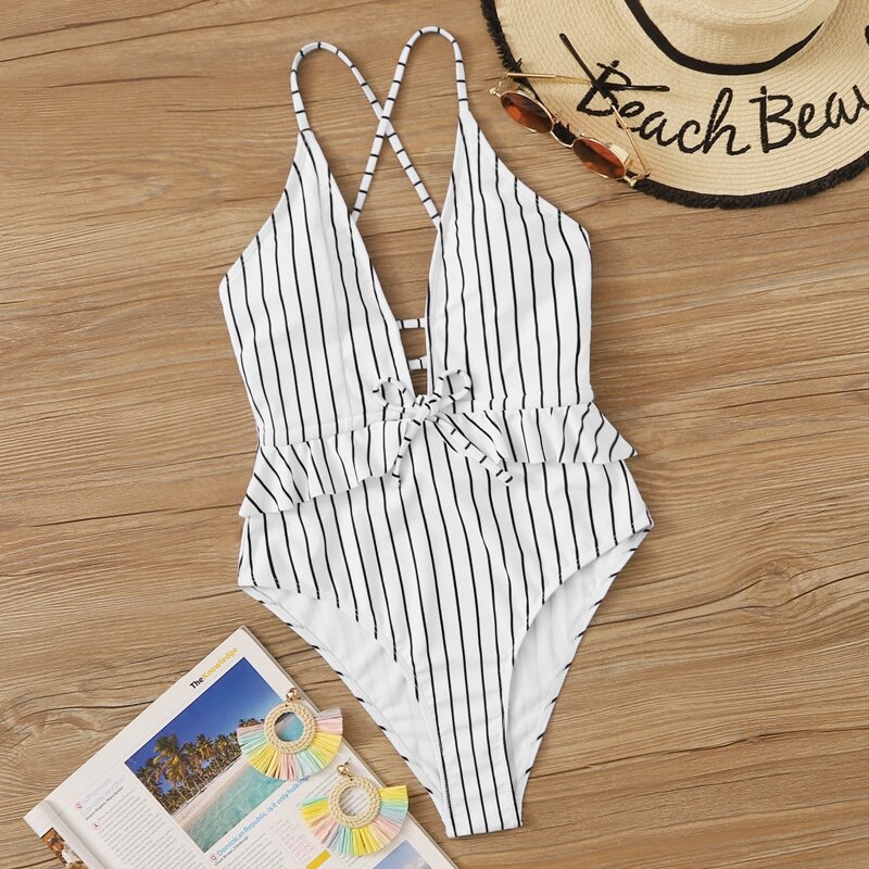 

Striped Plunging Tie Back One Piece Swimsuit, White