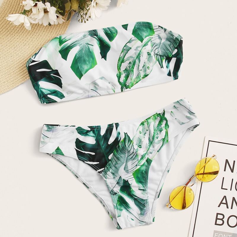 

Tropical Leaf Bandeau Bikini Swimsuit, Multicolor